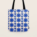 Scandi Floral Grid Retro Flower Pattern Bright Blue and Cream Tote Bag Gallery Image 1