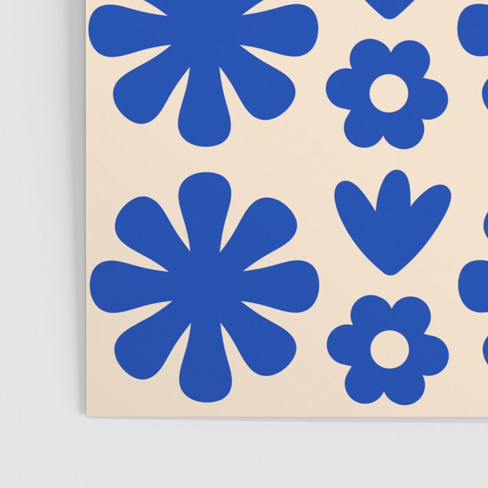 Scandi Floral Grid Retro Flower Pattern Bright Blue and Cream Poster Gallery Image 3