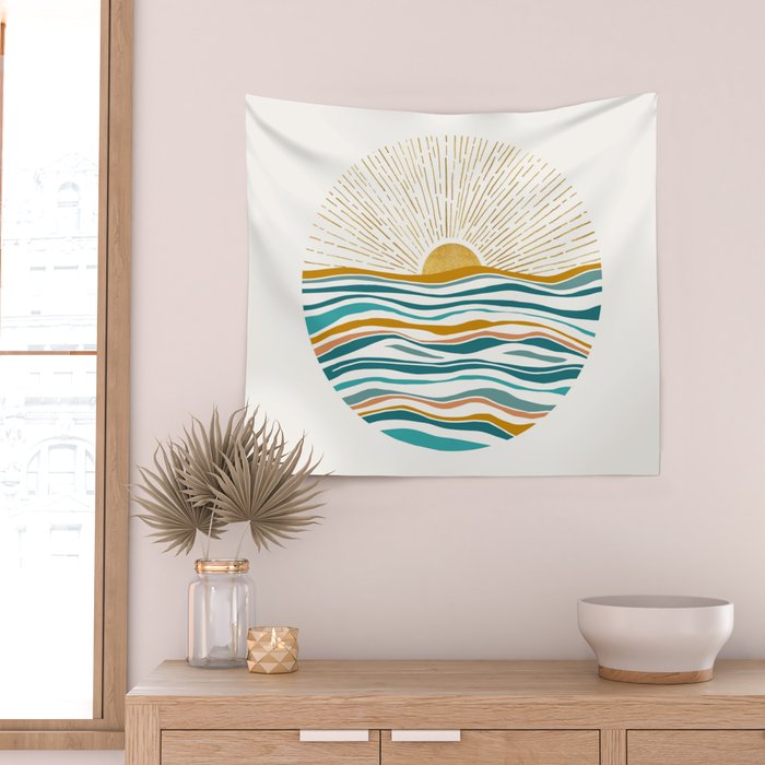 The Sun and The Sea - Gold and Teal Wall Tapestry Gallery Image 2