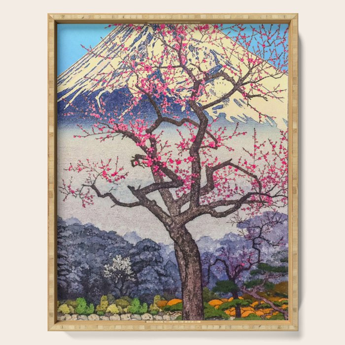 Growing before the Mountain-God - Summer Tree, Lake & Mountain Ukiyoe Nature Landscape in Blue & Pinkn Serving Tray Gallery Image 1