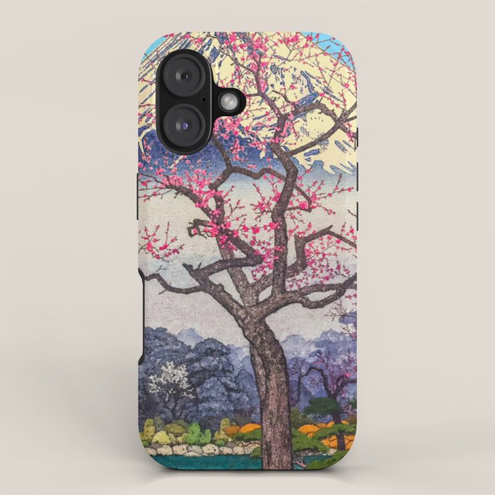 Growing before the Mountain-God - Summer Tree, Lake & Mountain Ukiyoe Nature Landscape in Blue & Pinkn iPhone Case Gallery Image 1