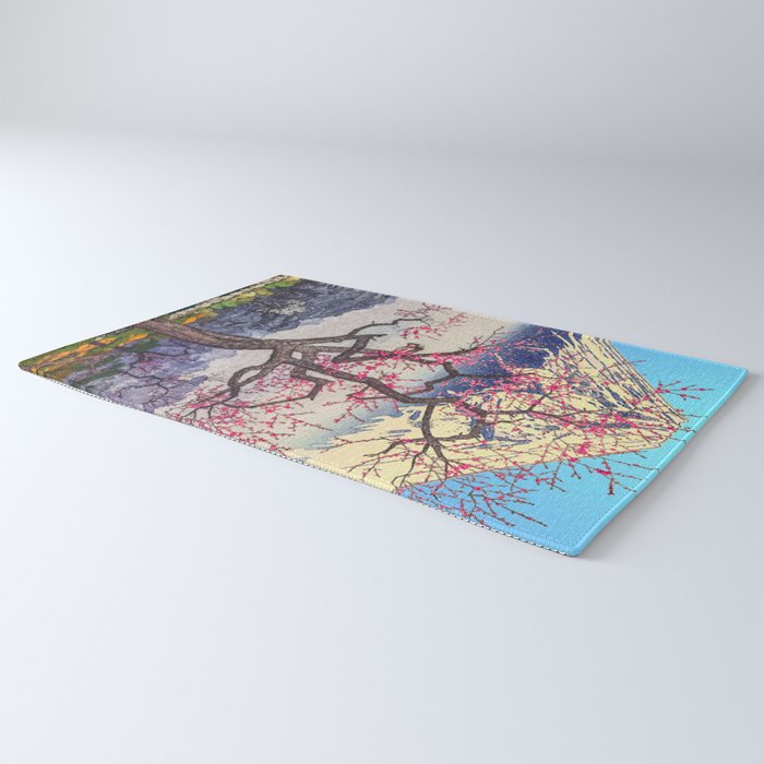 Growing before the Mountain-God - Summer Tree, Lake & Mountain Ukiyoe Nature Landscape in Blue & Pinkn Rug Gallery Image 3