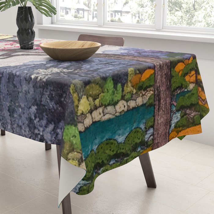 Growing before the Mountain-God - Summer Tree, Lake & Mountain Ukiyoe Nature Landscape in Blue & Pinkn Tablecloth Gallery Image 3