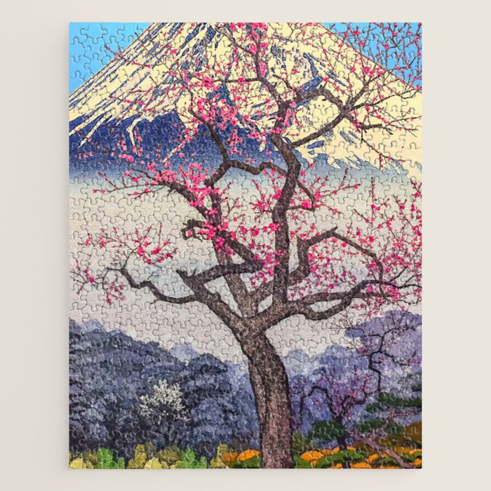 Growing before the Mountain-God - Summer Tree, Lake & Mountain Ukiyoe Nature Landscape in Blue & Pinkn Jigsaw Puzzle Gallery Image 1
