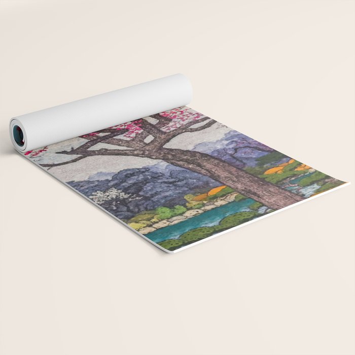 Growing before the Mountain-God - Summer Tree, Lake & Mountain Ukiyoe Nature Landscape in Blue & Pinkn Yoga Mat Gallery Image 2