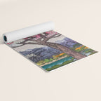 Growing before the Mountain-God - Summer Tree, Lake & Mountain Ukiyoe Nature Landscape in Blue & Pinkn Yoga Mat Gallery Image 2