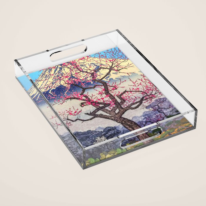 Growing before the Mountain-God - Summer Tree, Lake & Mountain Ukiyoe Nature Landscape in Blue & Pinkn Acrylic Tray Gallery Image 1
