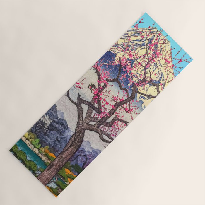 Growing before the Mountain-God - Summer Tree, Lake & Mountain Ukiyoe Nature Landscape in Blue & Pinkn Yoga Mat Gallery Image 1