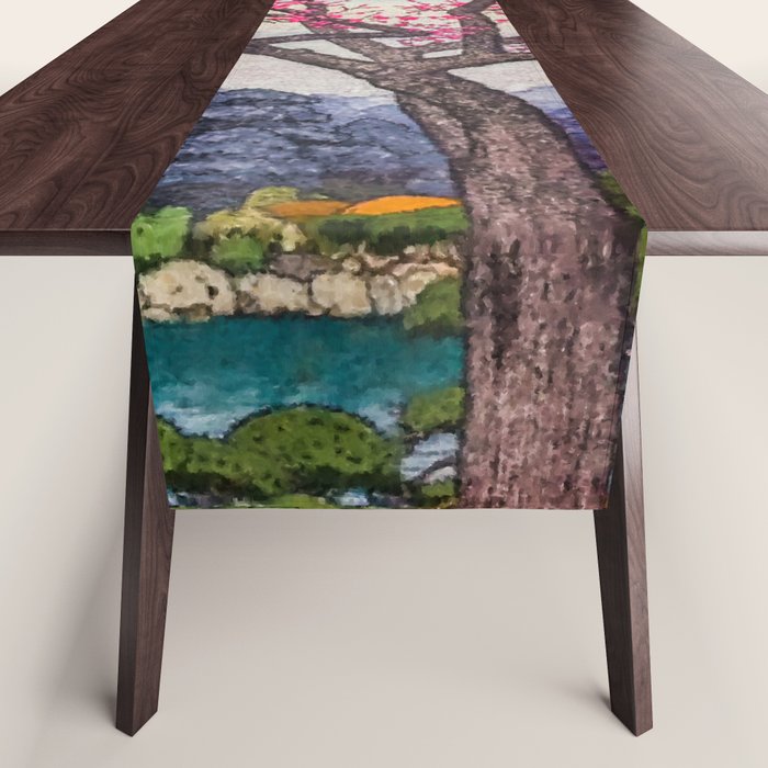 Growing before the Mountain-God - Summer Tree, Lake & Mountain Ukiyoe Nature Landscape in Blue & Pinkn Table Runner Gallery Image 1