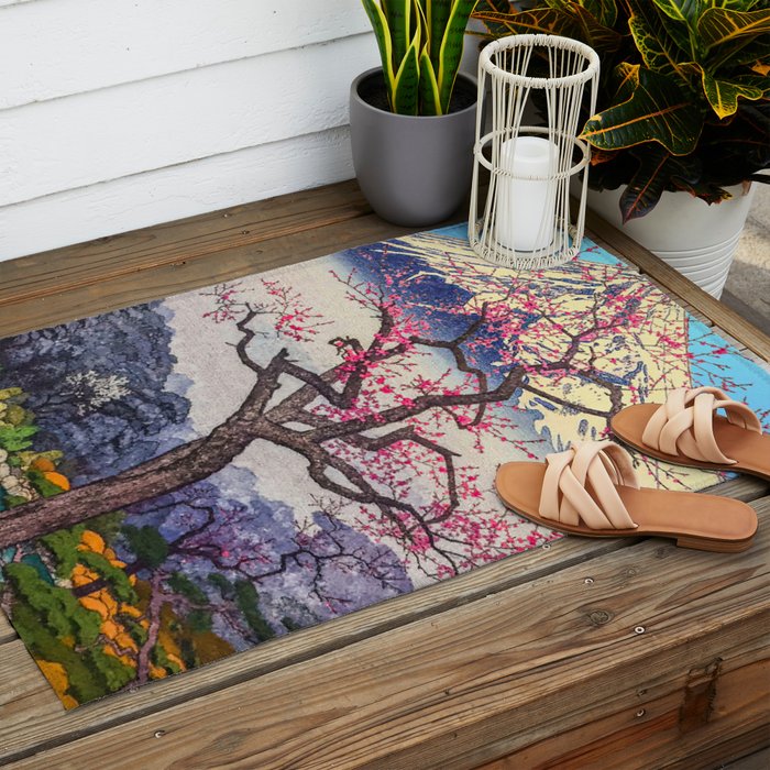 Growing before the Mountain-God - Summer Tree, Lake & Mountain Ukiyoe Nature Landscape in Blue & Pinkn Outdoor Rug Gallery Image 2