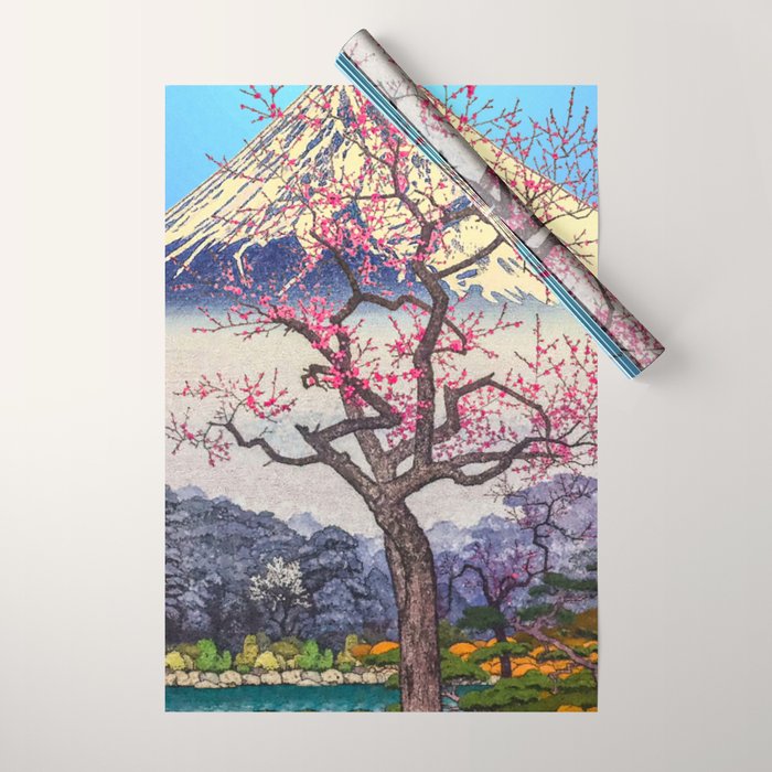 Growing before the Mountain-God - Summer Tree, Lake & Mountain Ukiyoe Nature Landscape in Blue & Pinkn Wrapping Paper Gallery Image 1