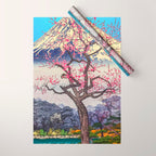 Growing before the Mountain-God - Summer Tree, Lake & Mountain Ukiyoe Nature Landscape in Blue & Pinkn Wrapping Paper Gallery Image 1