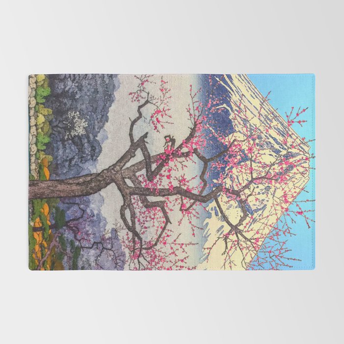 Growing before the Mountain-God - Summer Tree, Lake & Mountain Ukiyoe Nature Landscape in Blue & Pinkn Rug Gallery Image 2