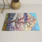 Growing before the Mountain-God - Summer Tree, Lake & Mountain Ukiyoe Nature Landscape in Blue & Pinkn Rug Gallery Image 1