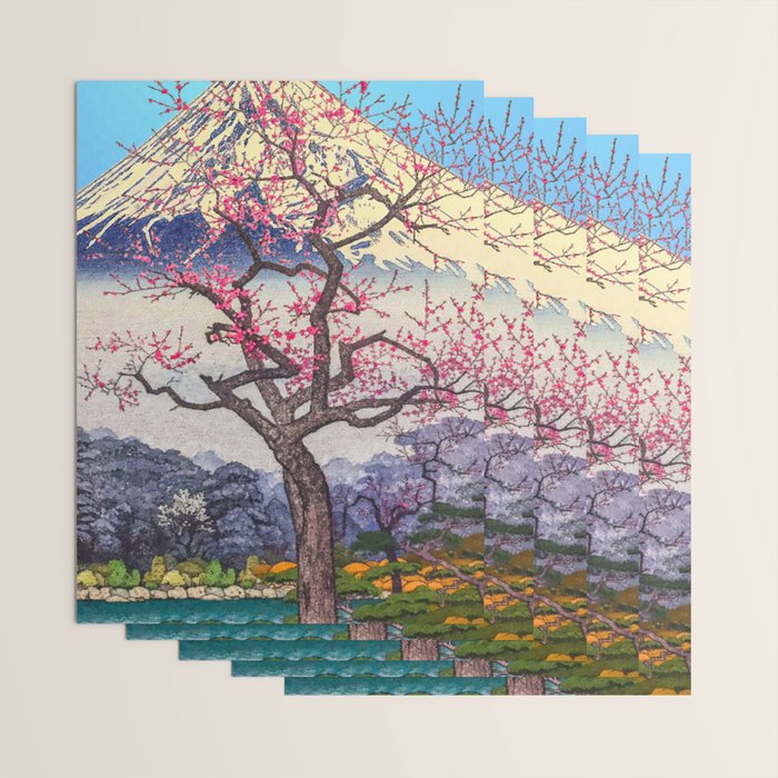 Growing before the Mountain-God - Summer Tree, Lake & Mountain Ukiyoe Nature Landscape in Blue & Pinkn Wrapping Paper Gallery Image 3