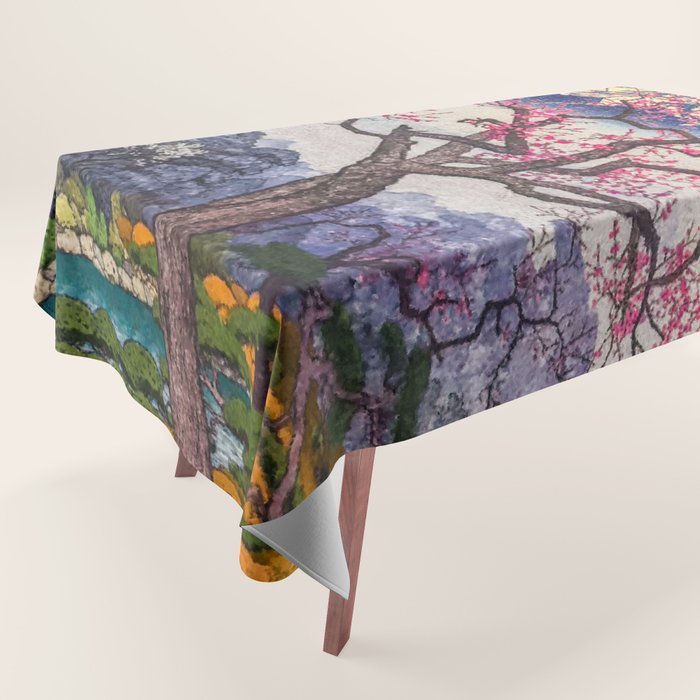 Growing before the Mountain-God - Summer Tree, Lake & Mountain Ukiyoe Nature Landscape in Blue & Pinkn Tablecloth Gallery Image 1