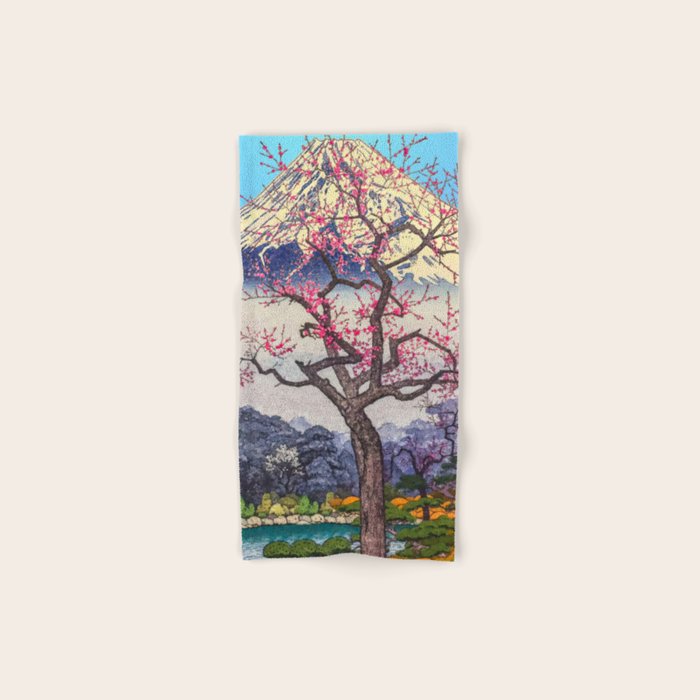 Growing before the Mountain-God - Summer Tree, Lake & Mountain Ukiyoe Nature Landscape in Blue & Pinkn Bath Towel Gallery Image 1