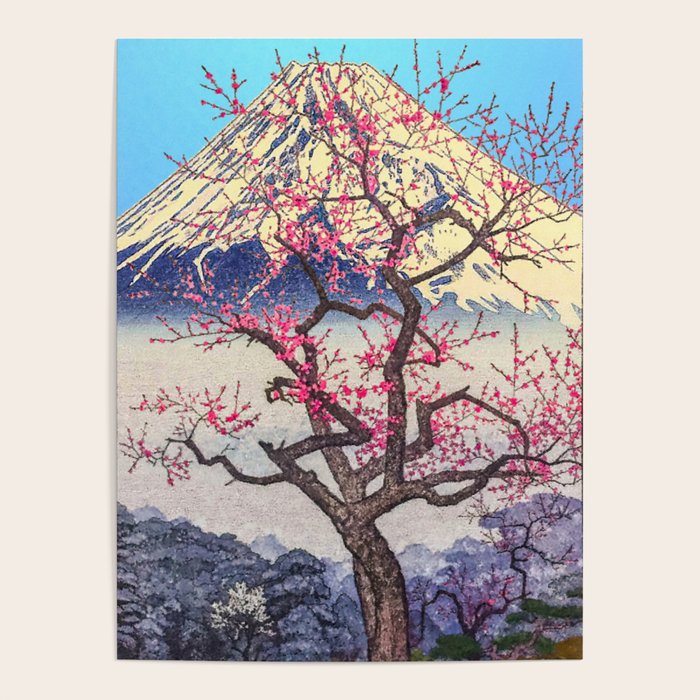 Growing before the Mountain-God - Summer Tree, Lake & Mountain Ukiyoe Nature Landscape in Blue & Pinkn Poster Gallery Image 1