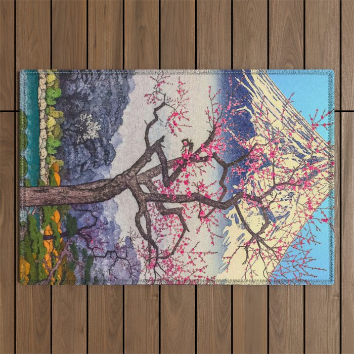 Growing before the Mountain-God - Summer Tree, Lake & Mountain Ukiyoe Nature Landscape in Blue & Pinkn Outdoor Rug Gallery Image 1