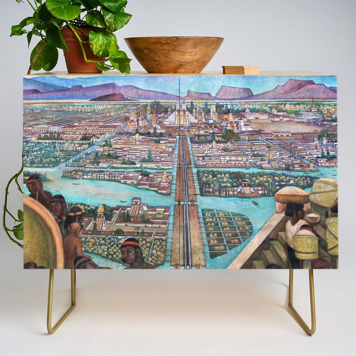 Mural of the Aztec city of Tenochtitlan by Diego Rivera Credenza Gallery Image 1