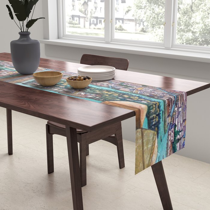 Mural of the Aztec city of Tenochtitlan by Diego Rivera Table Runner Gallery Image 2