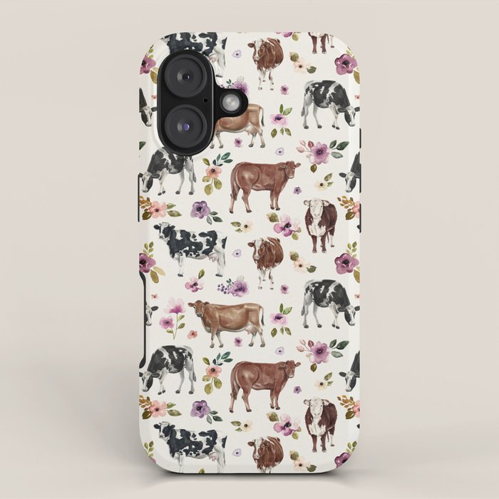 Boho Floral Cow Print with Purple flowers on Cream iPhone Case Gallery Image 1
