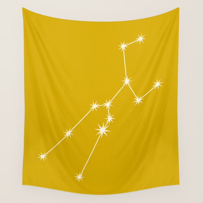 Taurus Zodiac Star Constellation Line Art Golden Yellow Wall Tapestry Gallery Image 4