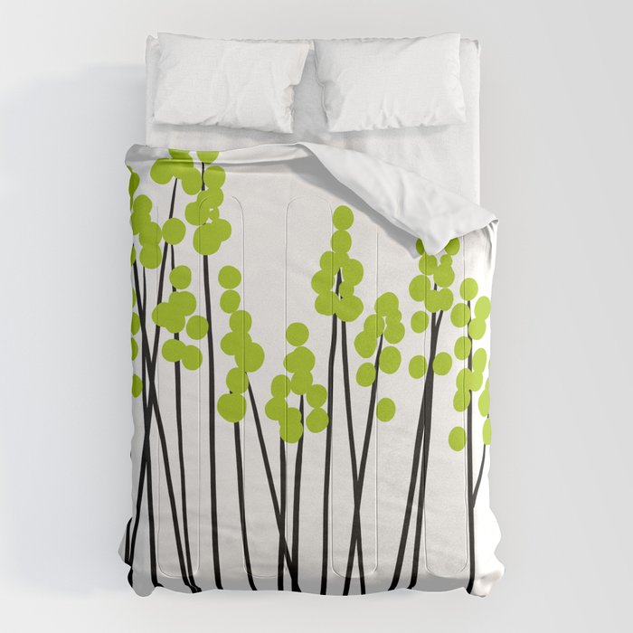 Hello Spring! Green/Black Retro Plants on White #decor #society6 #buyart Comforter Gallery Image 6