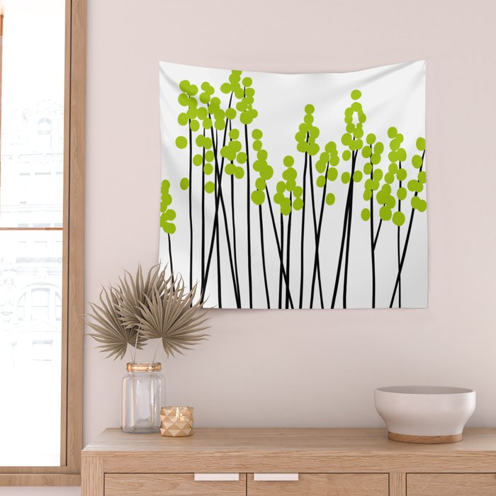Hello Spring! Green/Black Retro Plants on White #decor #society6 #buyart Wall Tapestry Gallery Image 2