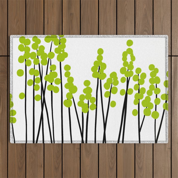 Hello Spring! Green/Black Retro Plants on White #decor #society6 #buyart Outdoor Rug Gallery Image 1