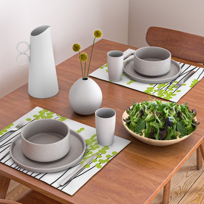 Hello Spring! Green/Black Retro Plants on White #decor #society6 #buyart Placemat Gallery Image 2