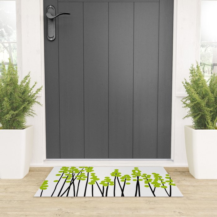 Hello Spring! Green/Black Retro Plants on White #decor #society6 #buyart Welcome Mat Gallery Image 3