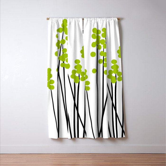 Hello Spring! Green/Black Retro Plants on White #decor #society6 #buyart Window Curtain Gallery Image 3