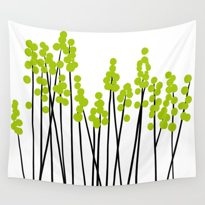 Hello Spring! Green/Black Retro Plants on White #decor #society6 #buyart Wall Tapestry Gallery Image 1