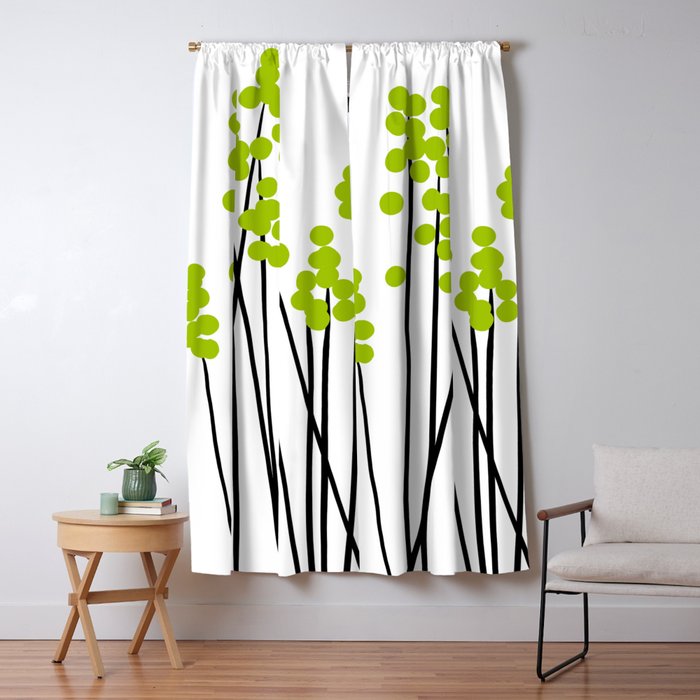 Hello Spring! Green/Black Retro Plants on White #decor #society6 #buyart Window Curtain Gallery Image 1