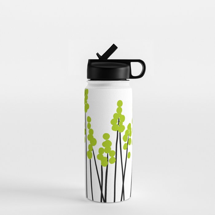Hello Spring! Green/Black Retro Plants on White #decor #society6 #buyart Water Bottle Gallery Image 1