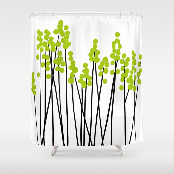 Hello Spring! Green/Black Retro Plants on White #decor #society6 #buyart Shower Curtain Gallery Image 1
