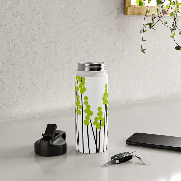 Hello Spring! Green/Black Retro Plants on White #decor #society6 #buyart Water Bottle Gallery Image 4