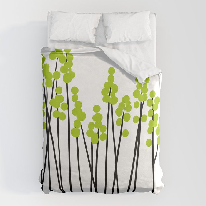 Hello Spring! Green/Black Retro Plants on White #decor #society6 #buyart Duvet Cover Gallery Image 1