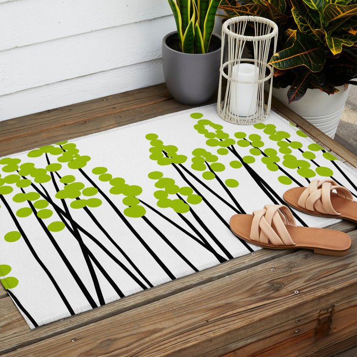 Hello Spring! Green/Black Retro Plants on White #decor #society6 #buyart Outdoor Rug Gallery Image 2