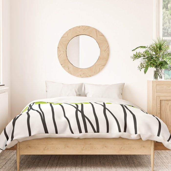Hello Spring! Green/Black Retro Plants on White #decor #society6 #buyart Duvet Cover Gallery Image 3