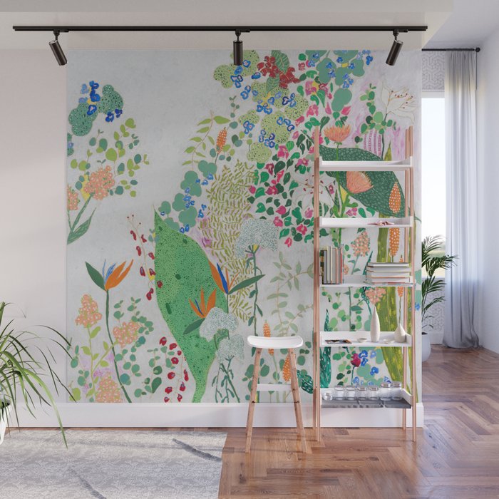 Painterly Floral Jungle on Pink and White Wall Mural Gallery Image 1