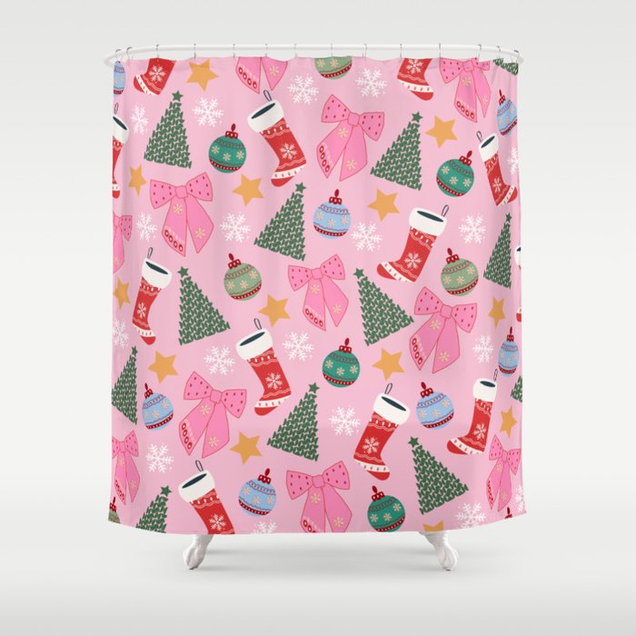 Cute Christmas Pink Shower Curtain Gallery Image 1