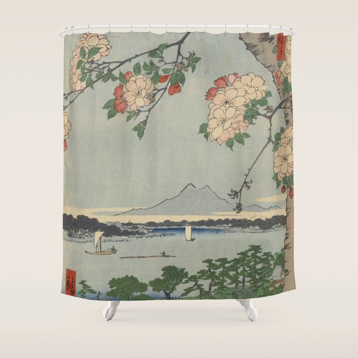 Cherry Blossoms on Spring River Ukiyo-e Japanese Art Shower Curtain Gallery Image 1
