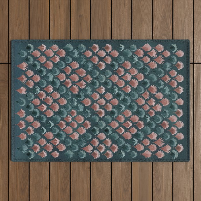 Art Deco scallops Watercolour palmtrees - teal pink Outdoor Rug Gallery Image 1