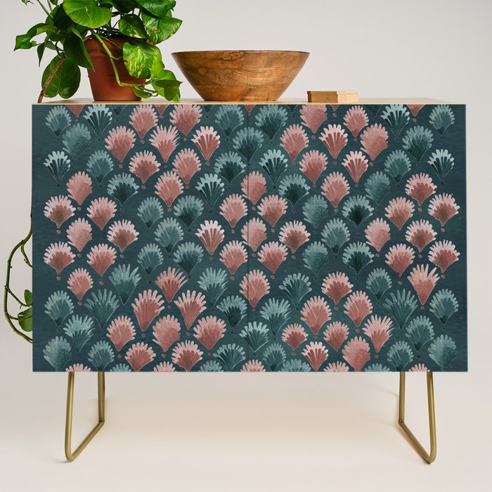 Art Deco scallops Watercolour palmtrees - teal pink Credenza Gallery Image 1