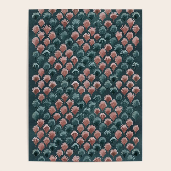 Art Deco scallops Watercolour palmtrees - teal pink Poster Gallery Image 1