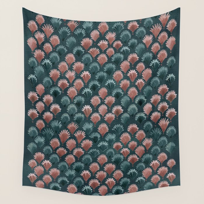 Art Deco scallops Watercolour palmtrees - teal pink Wall Tapestry Gallery Image 1