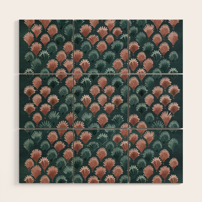 Art Deco scallops Watercolour palmtrees - teal pink Wood Wall Art Gallery Image 1