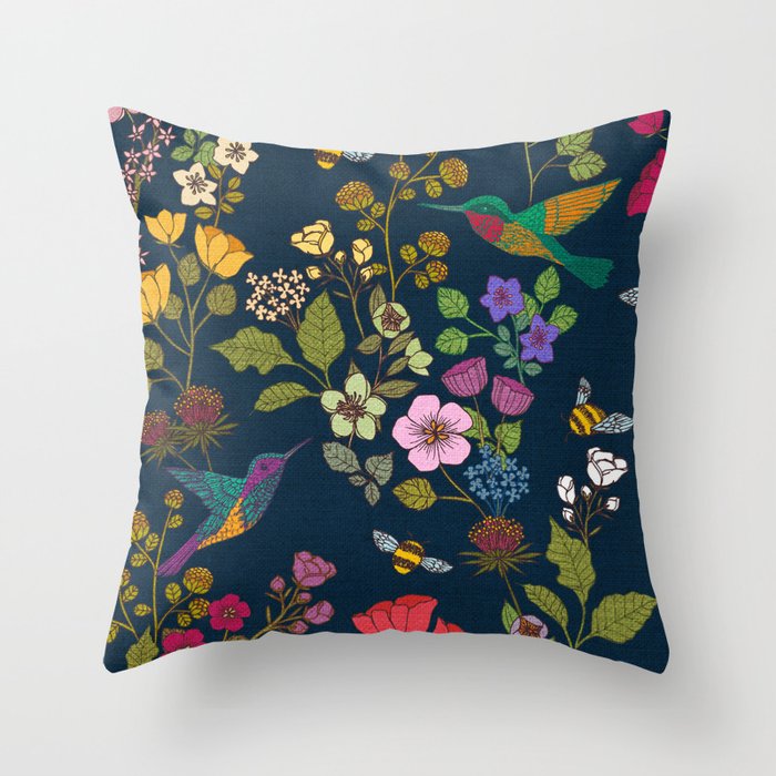 Hummingbirds and Bees {Deep Blue} Throw Pillow Gallery Image 1